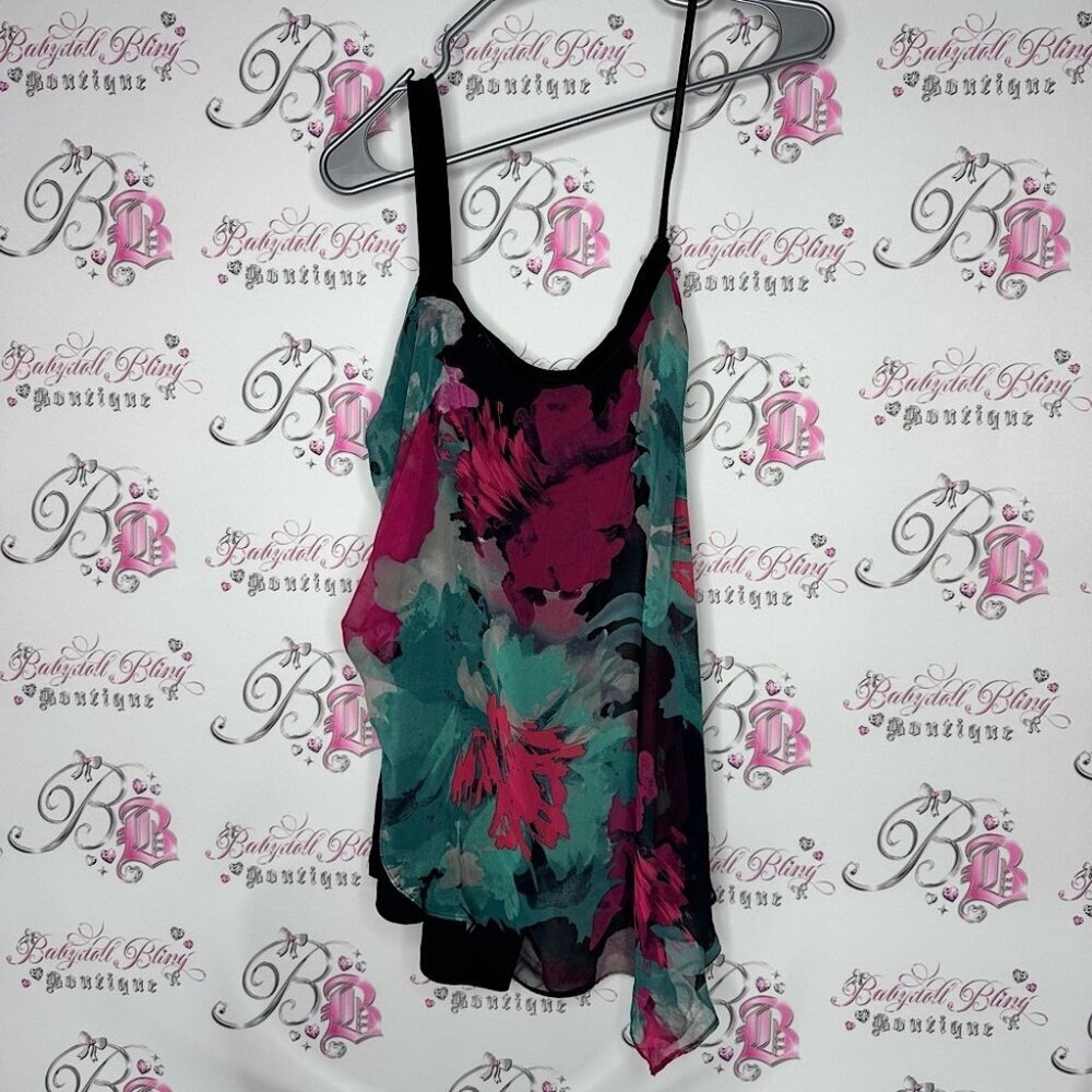 Le Château top one shoulder blue pink black sexy flowy Floral Chiffon Tank Top